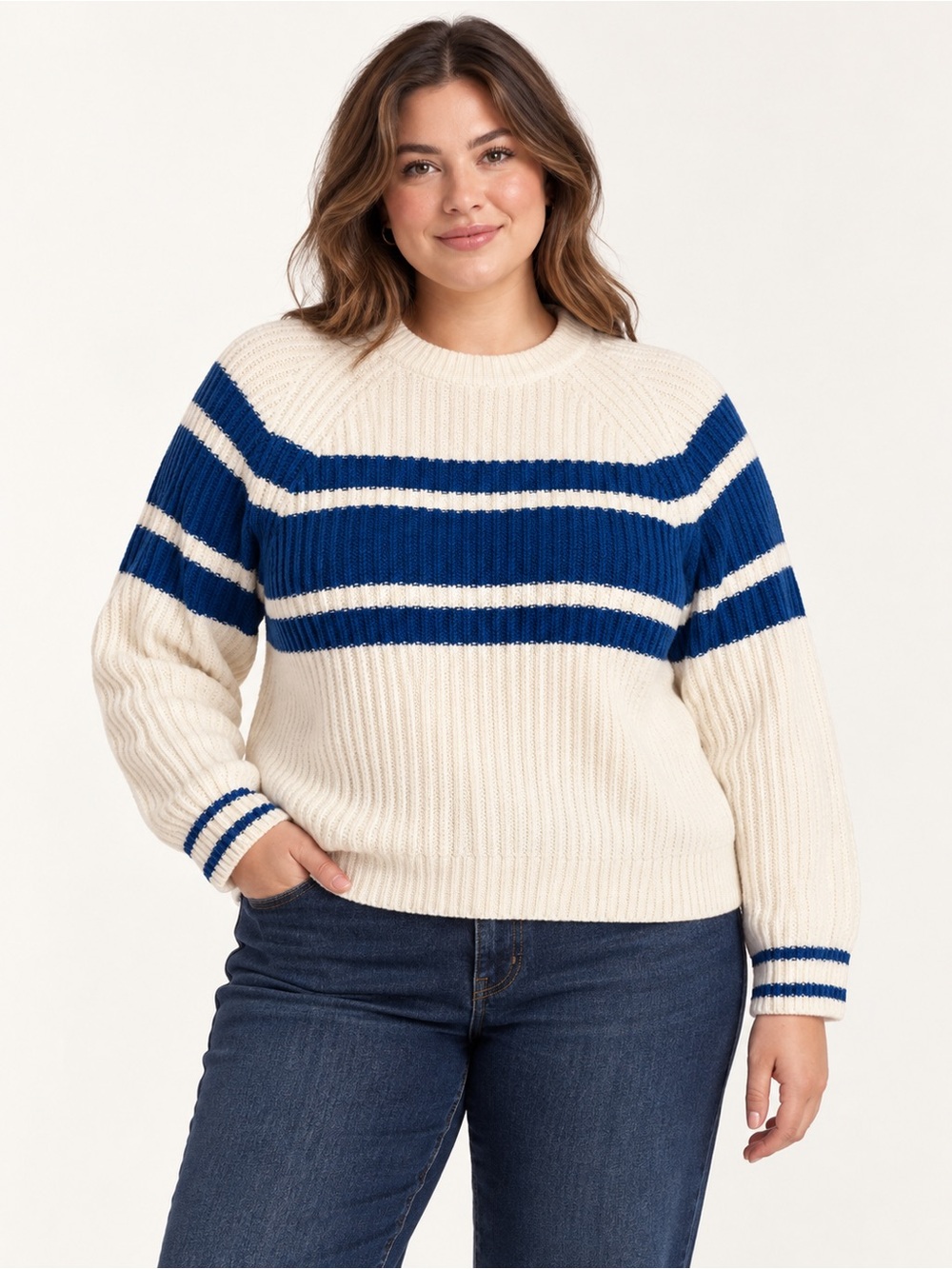 NWT Madewell Raglan-Sleeve Striped Sweater Ivory Blue Size XL